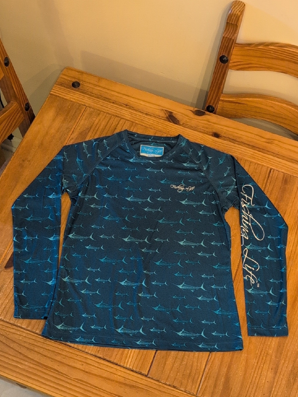 Fishing Life Youth Blue Swordfish Skeleton Pattern Long Sleeved Fishing Tee, M